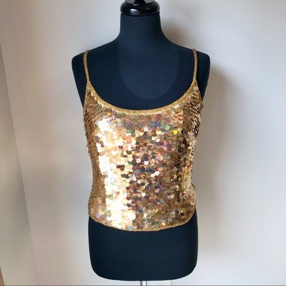 Gold Sequin Tank Top Silk Beaded Spaghetti Strap Mermaid Scales Glam CHAUDRY - Picture 1 of 9